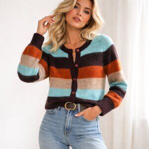 Soeur Paris Mohair Wool Striped Fuzzy Knit Turquoise Brown Cardigan Sweater 6